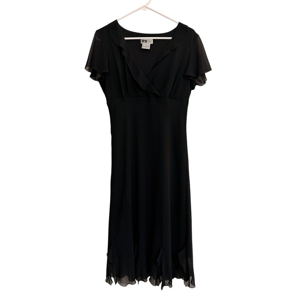 Vintage I.N. Studio Black Ruffle Midi Dress Sheer Flutter Sleeve Whimsigoth